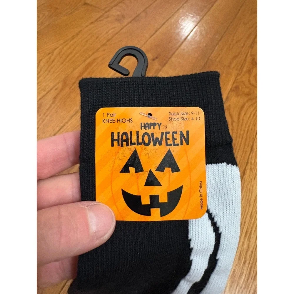 Happy Halloween Skeleton Bone Knee‎ High Socks Black White Shoe Size 4-10 NWT